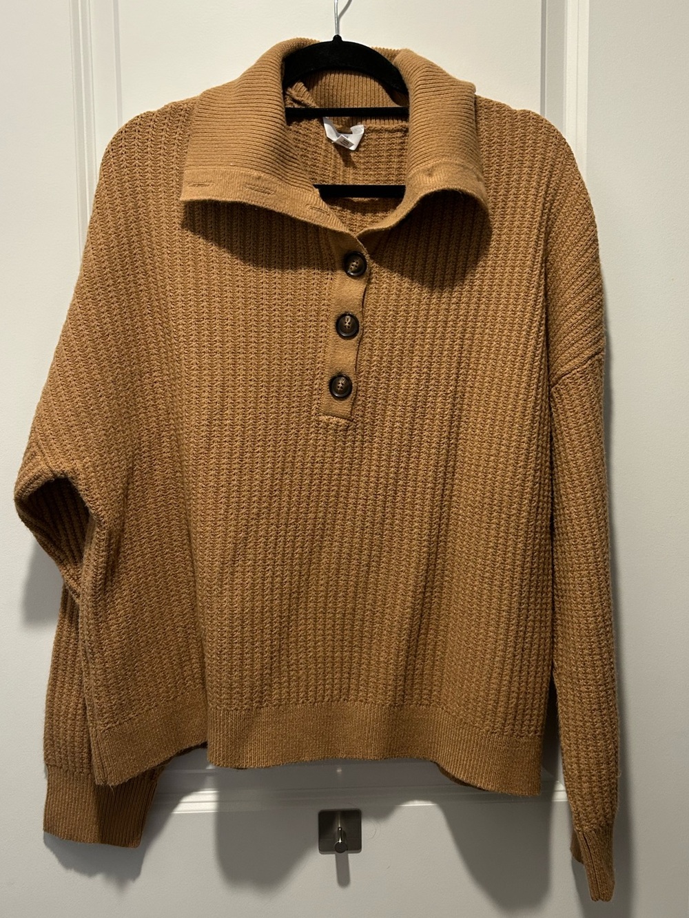 Time and Tru Waffle Knit Button Mock Neck Sweater XXL Camel Brown Oversized